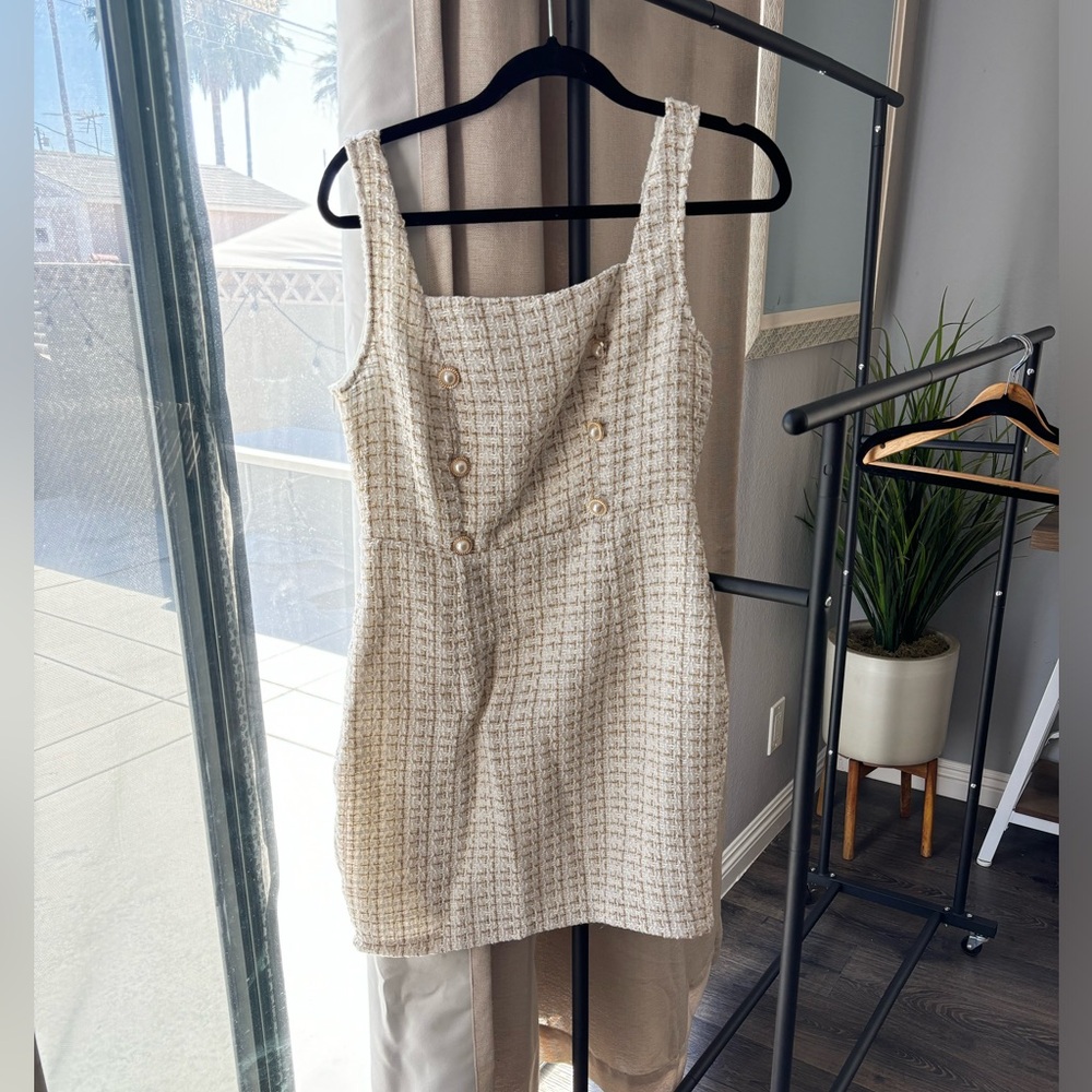Gold and white button dress with buttons